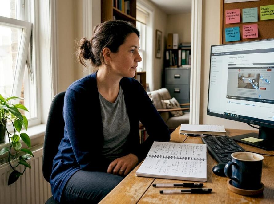 Woman reviewing website conversion audit in home office