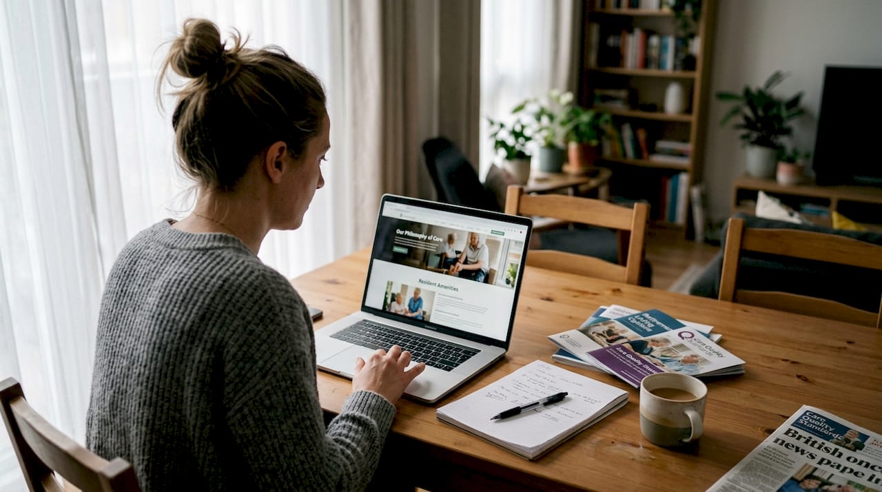 Web designer reviewing assisted living website at home