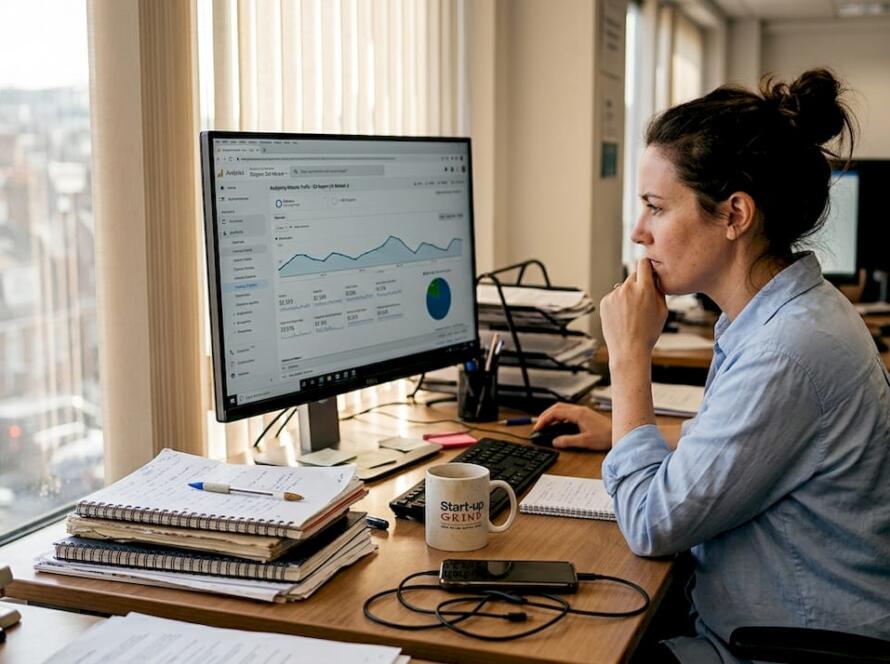 Business owner reviewing website analytics at desk