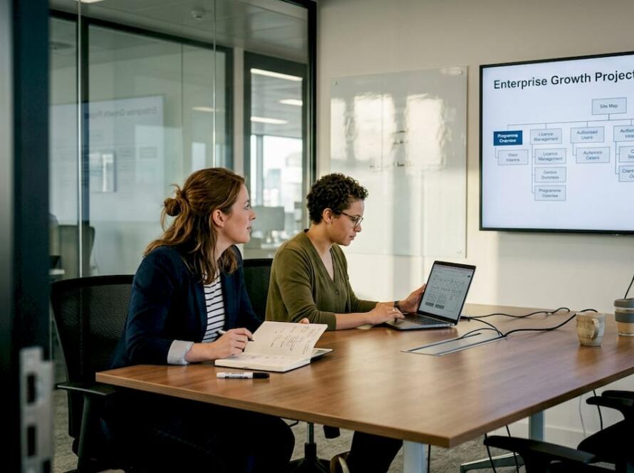 Team reviewing enterprise website design wireframes