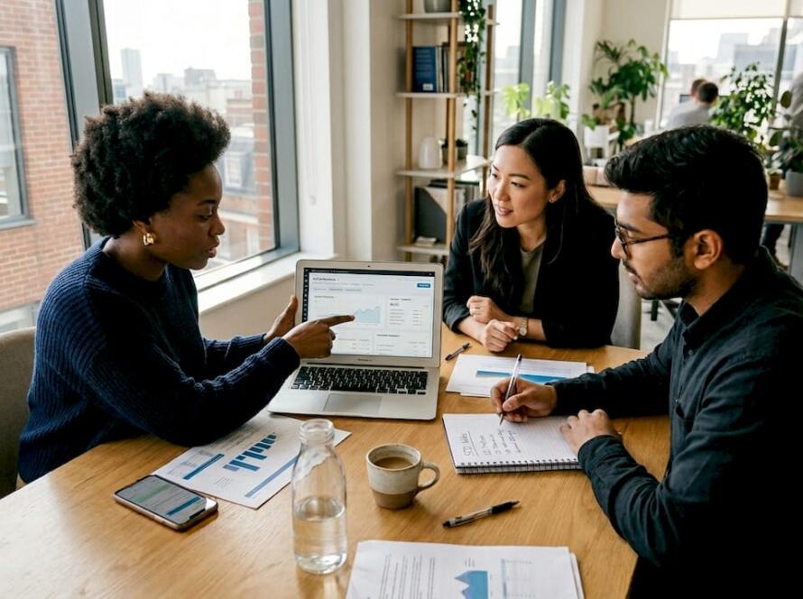 SEO team reviewing strategy in office