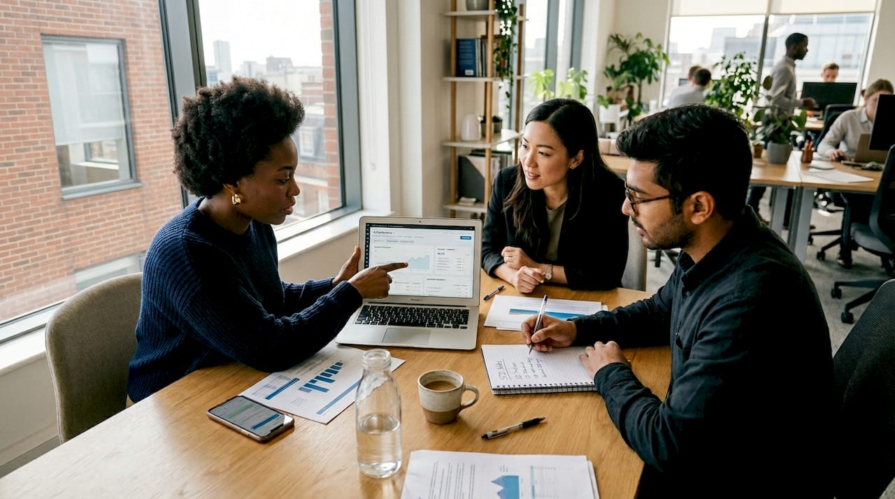 SEO team reviewing strategy in office