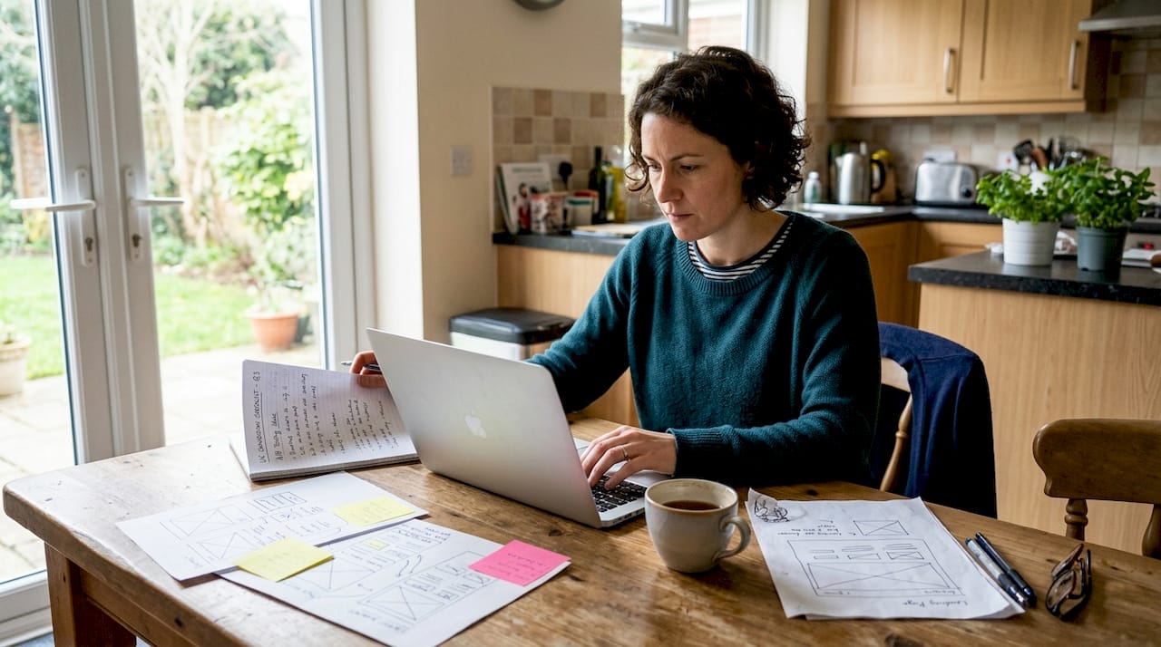 Marketer planning landing page workflow at kitchen table