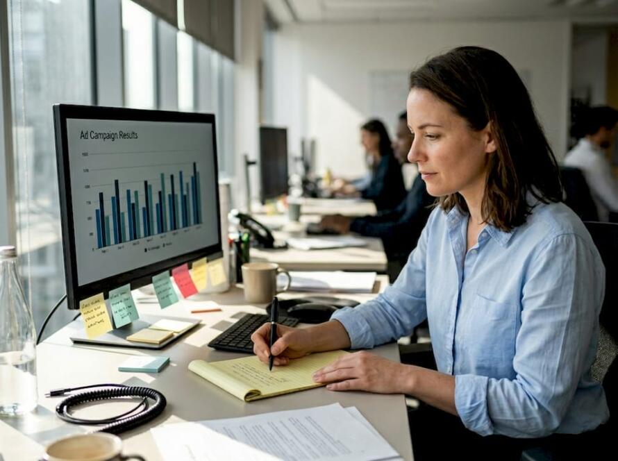 Manager analyzing ad spend at workspace