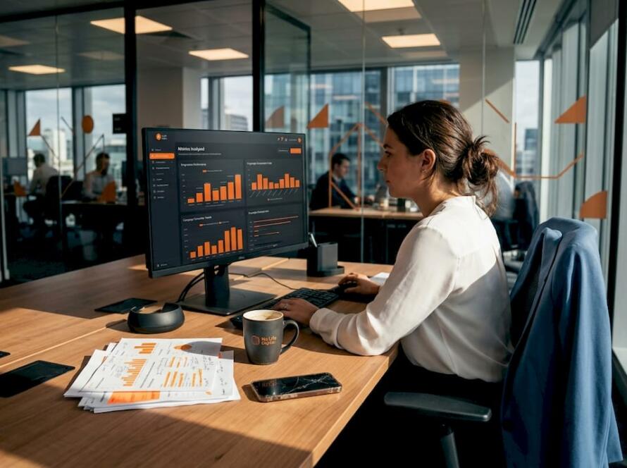 Marketing manager reviews campaign data at desk