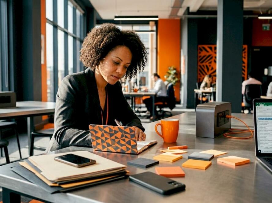 Woman planning digital marketing workspace