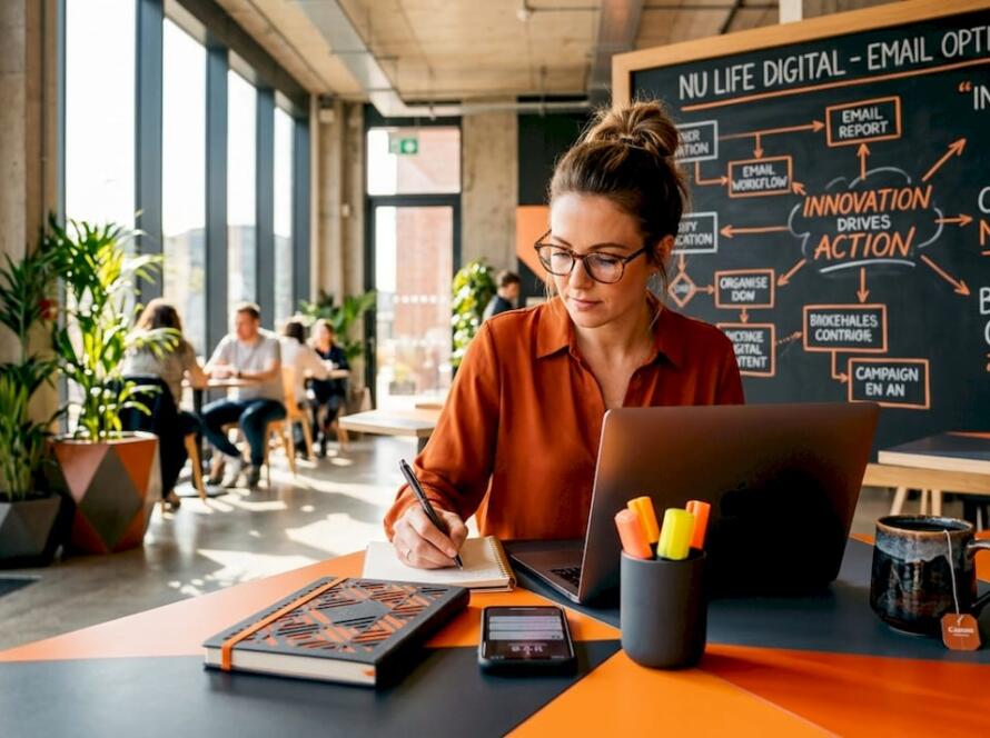 Marketing manager reviewing automation workflow at desk