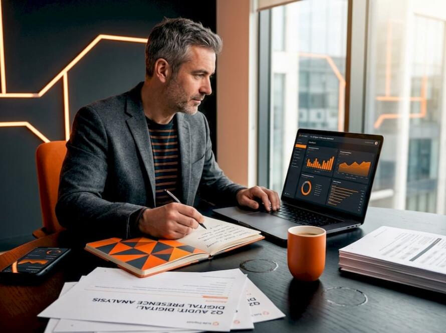 Business owner reviewing website audit documents