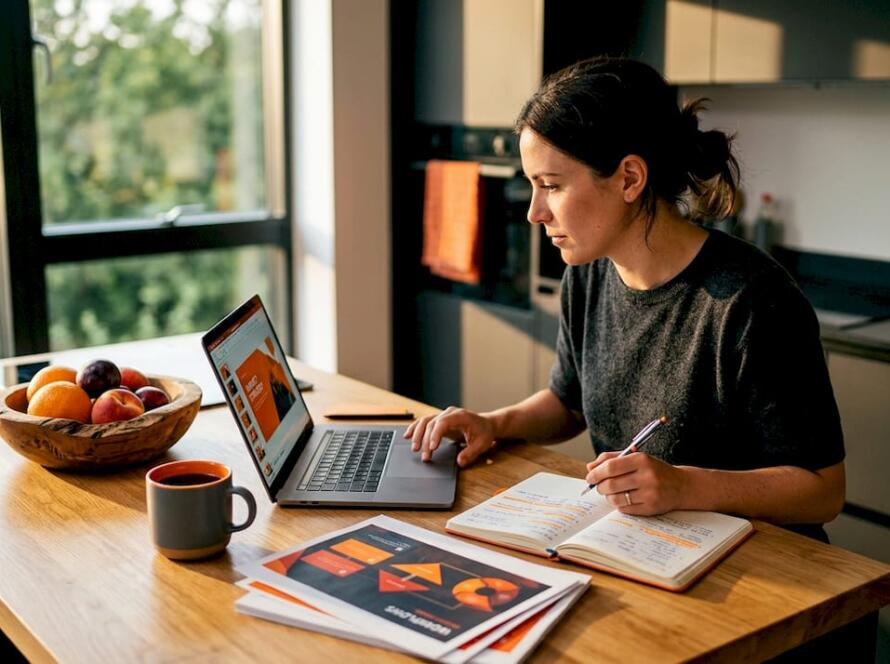 Woman planning email workflow at kitchen counter