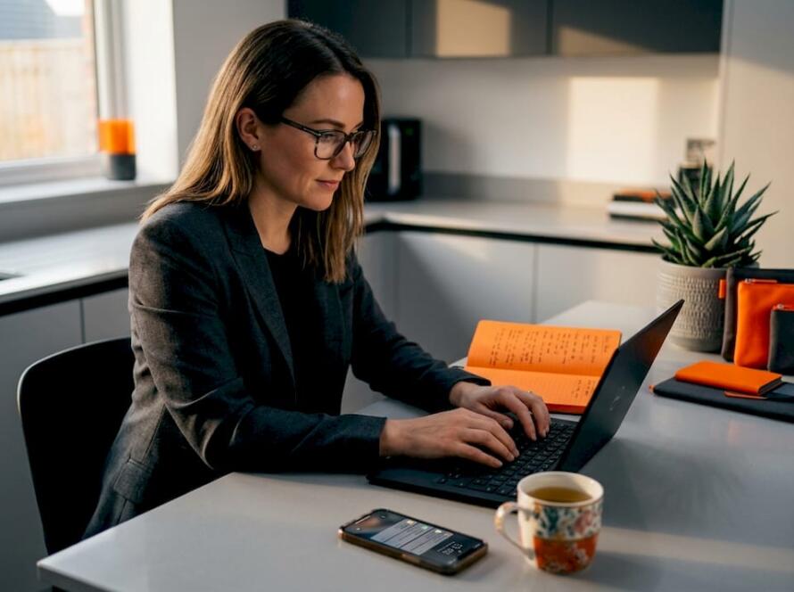 Copywriter working at kitchen table with notes
