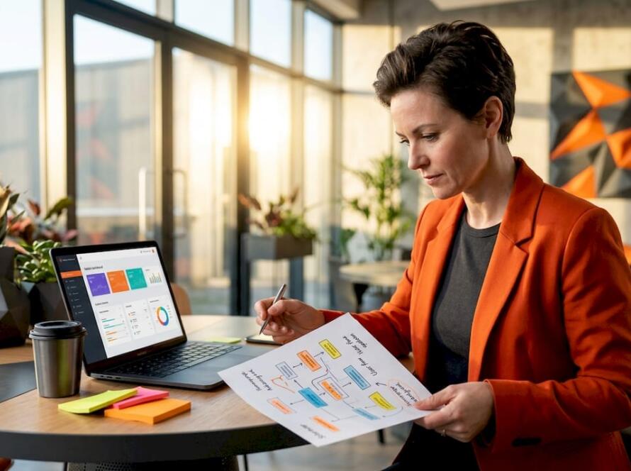 Business owner analyzing website structure diagram