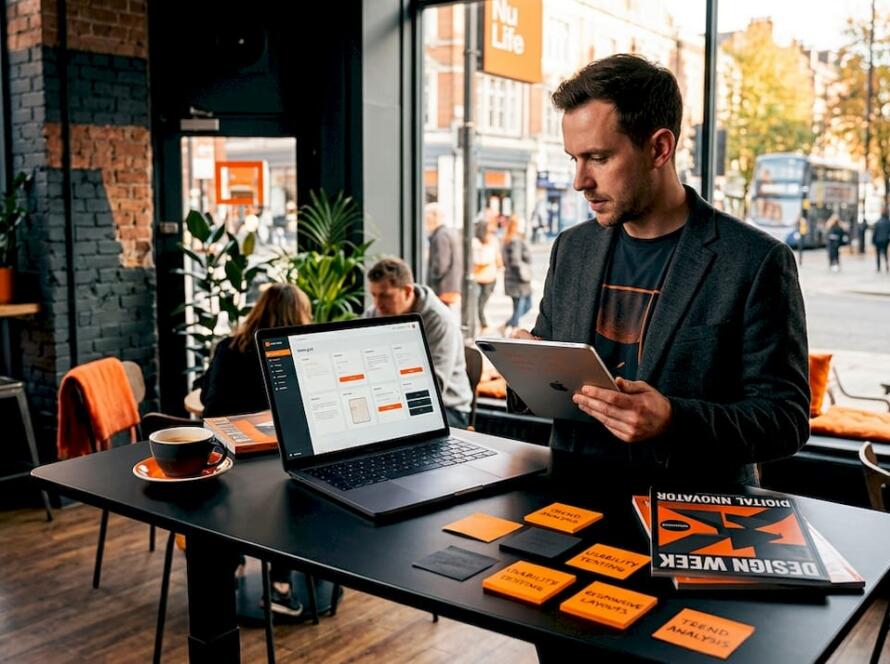Web designer reviewing design trend notes